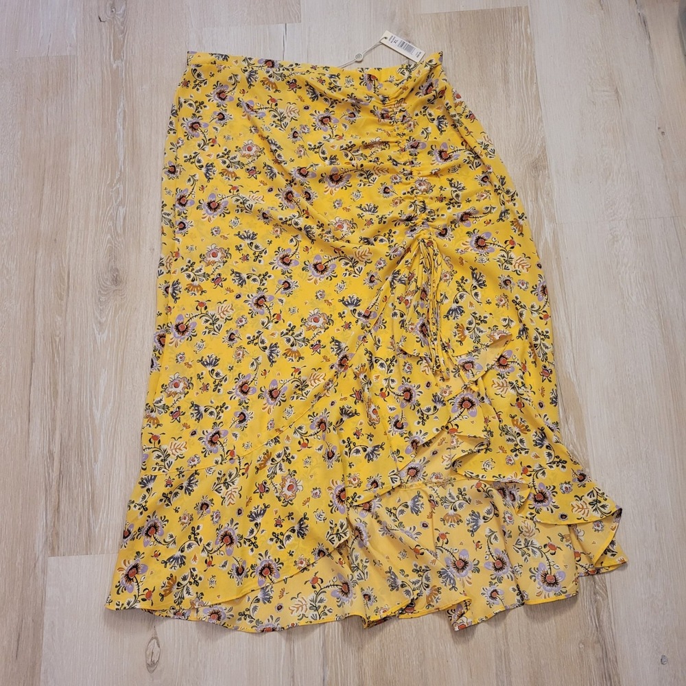 New Max Studio Wrap Skirt Womens XL Yellow Floral Ruffle Midi Romantic Cottage - Picture 3 of 16